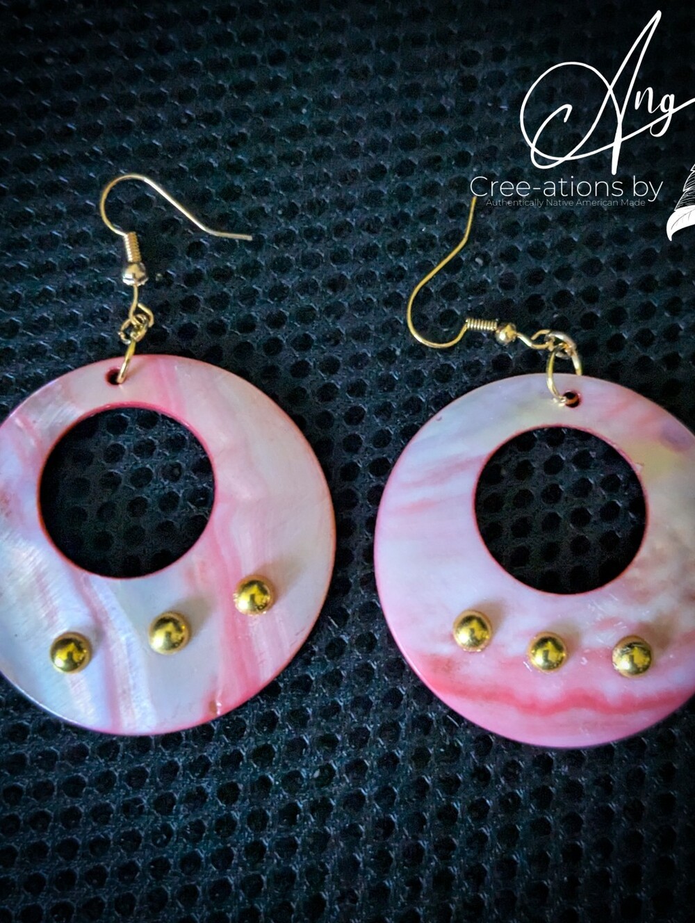 Pink Freshwater Shell Hoop Earrings with Gold Rivet Accents